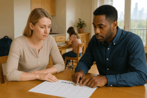 Two Illinois co-parents calmly reviewing a weekly parenting calendar at a kitchen table