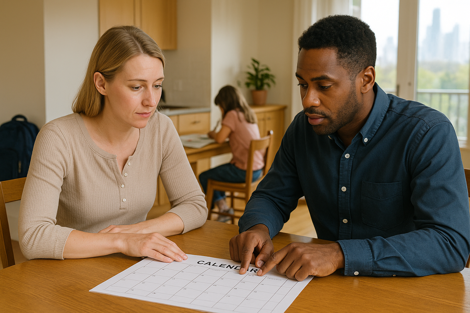 Two Illinois co-parents calmly reviewing a weekly parenting calendar at a kitchen table