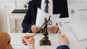 Illinois courthouse with person reviewing divorce documents - When You Can Reopen a Divorce in Illinois