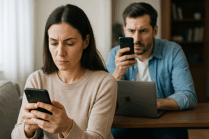 Woman reviewing her phone while concerned about digital privacy during divorce in Illinois
