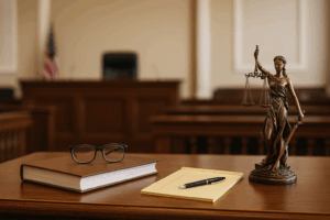 family law trial preparation documents on courthouse bench